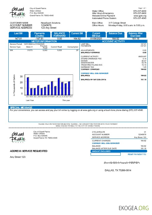 Modèle de facture de services publics des États Unis, Texas, Grand Prairie, aux formats Word et PDF